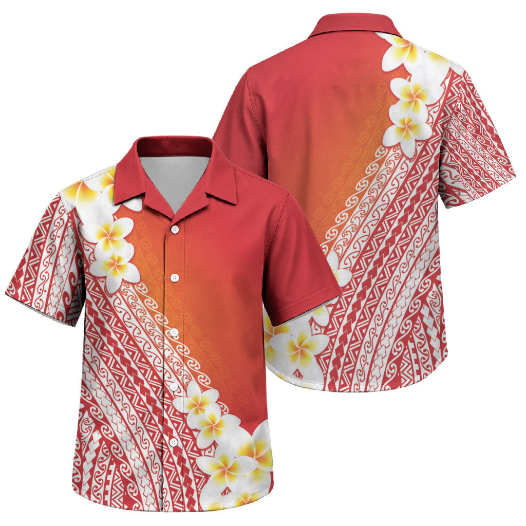 Tahiti Plumeria Tribal Pattern Family Matching Off Shoulder Maxi Dress and Hawaiian Shirt Wave Style Red LT05 Son's Shirt Red - Polynesian Pride