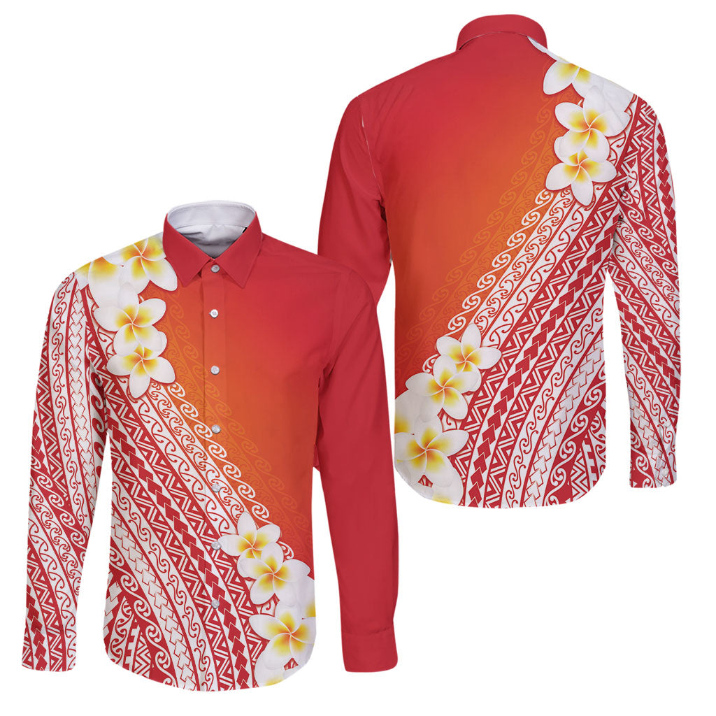 Tahiti Plumeria Tribal Pattern Family Matching Short Sleeve Bodycon Dress and Hawaiian Shirt Wave Style Red LT05 Dad's Shirt - Long Sleeve Red - Polynesian Pride