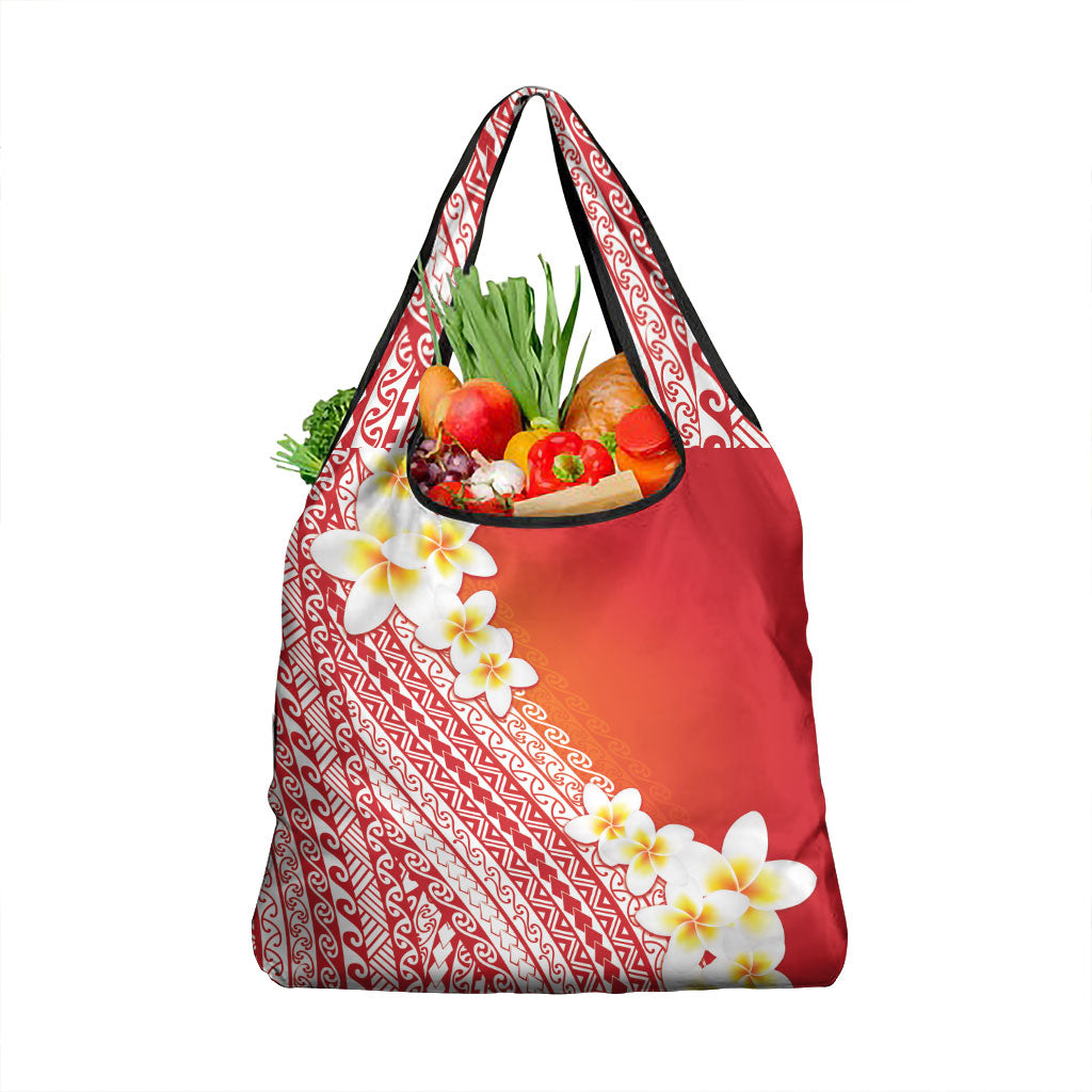 Tahiti Plumeria Tribal Pattern Grocery Bag Wave Style Red