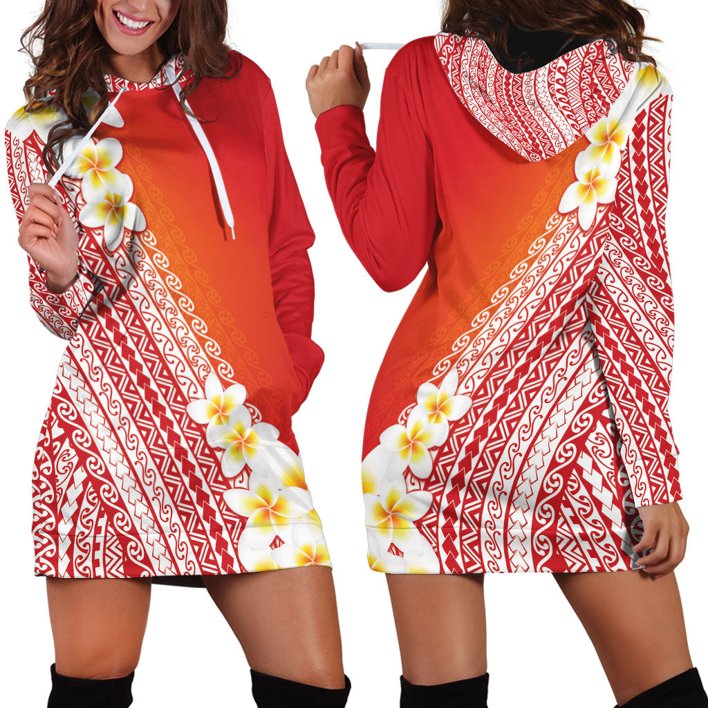 Tahiti Plumeria Tribal Pattern Hoodie Dress Wave Style Red