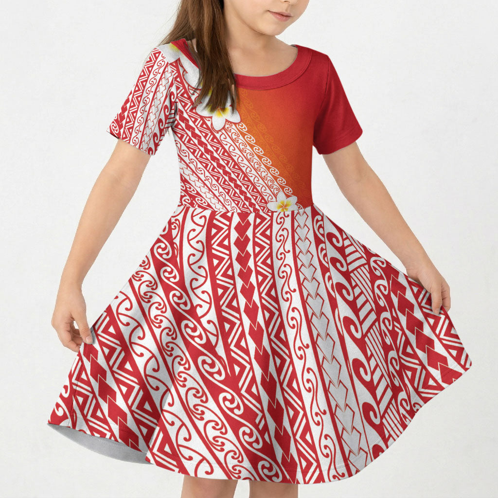 Tahiti Plumeria Tribal Pattern Kid Short Sleeve Dress Wave Style Red