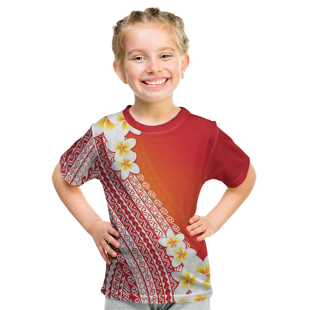 Tahiti Plumeria Tribal Pattern Kid T Shirt Wave Style Red