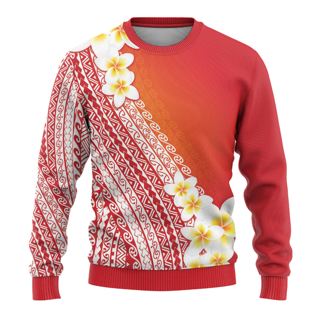 Tahiti Plumeria Tribal Pattern Ugly Christmas Sweater Wave Style Red LT05 - Polynesian Pride