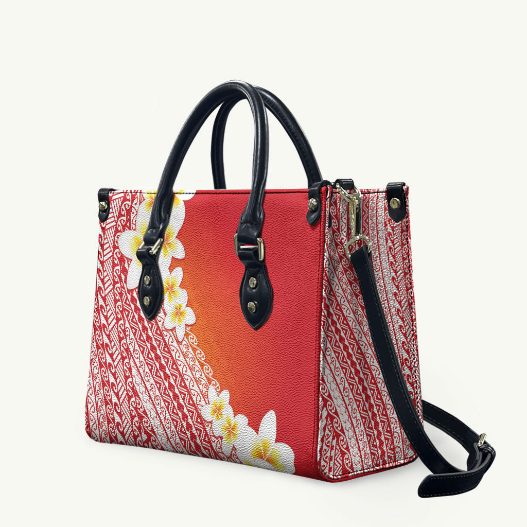 Tahiti Plumeria Tribal Pattern Leather Bag Wave Style Red