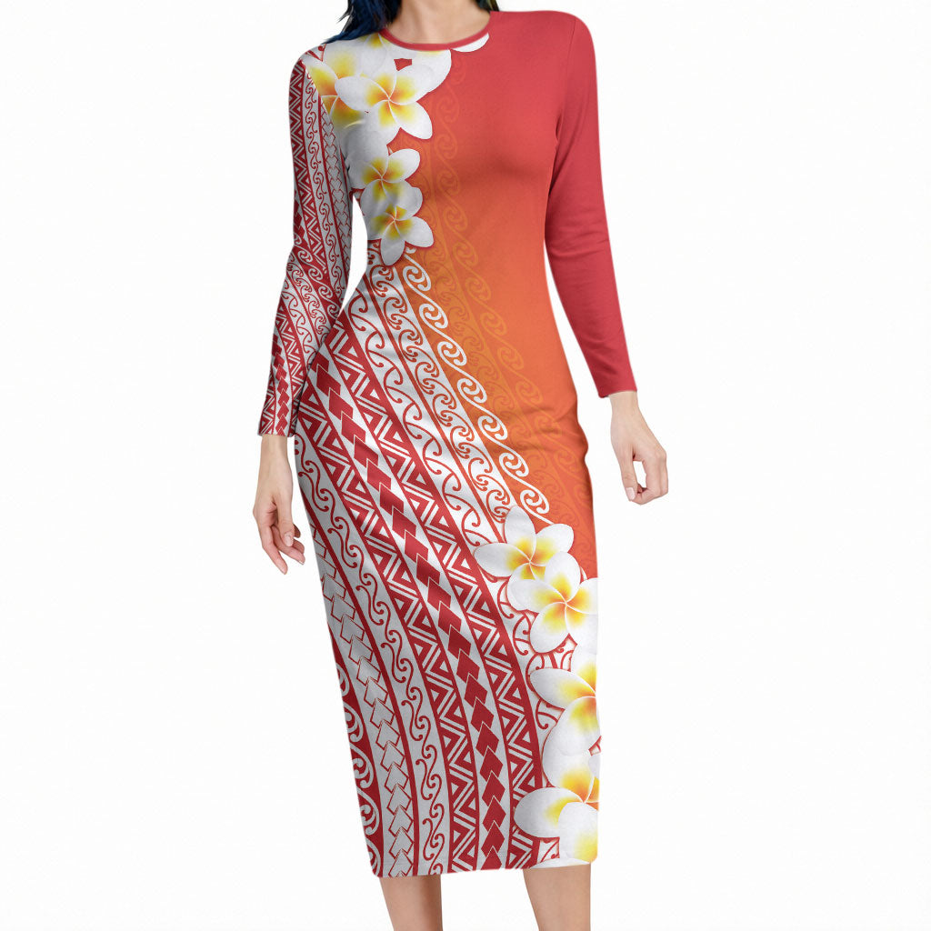 Tahiti Plumeria Tribal Pattern Long Sleeve Bodycon Dress Wave Style Red