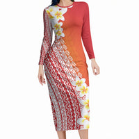 Tahiti Plumeria Tribal Pattern Long Sleeve Bodycon Dress Wave Style Red