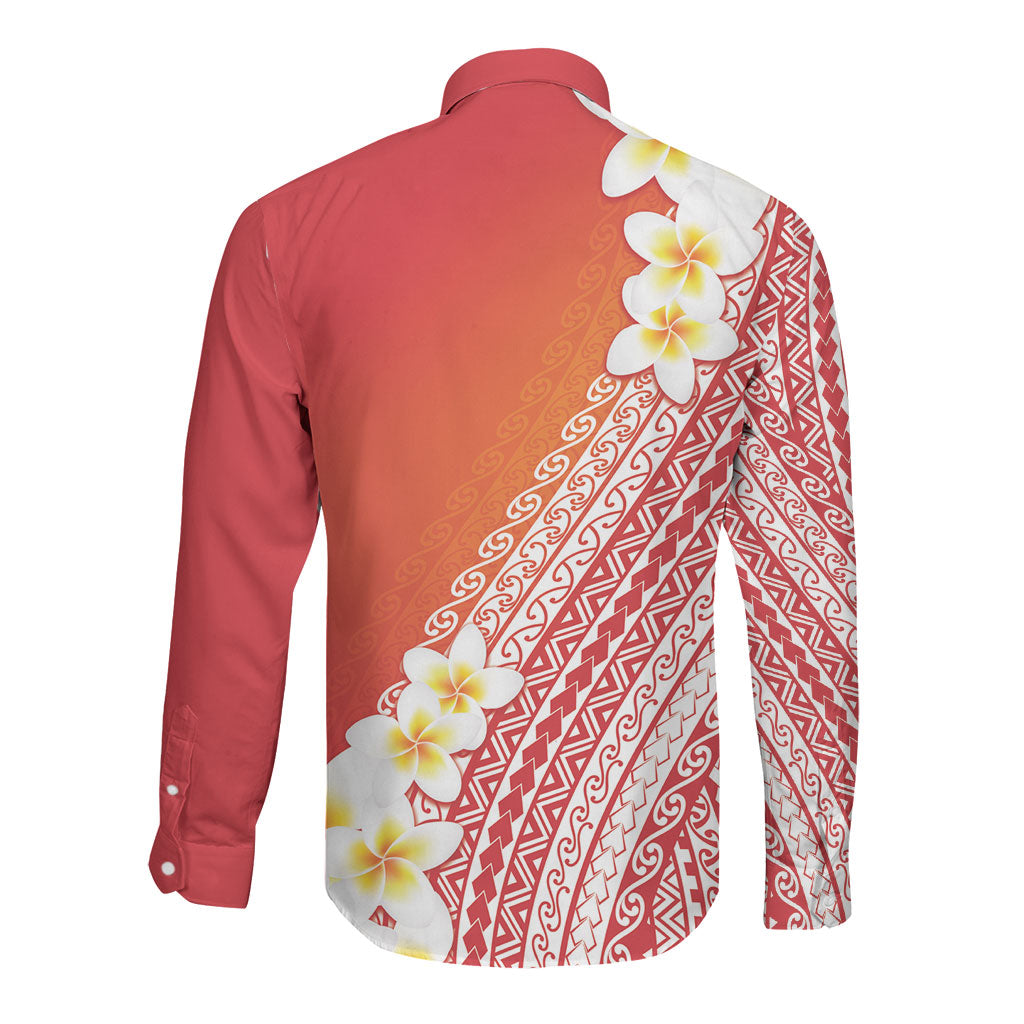 Tahiti Plumeria Tribal Pattern Long Sleeve Button Shirt Wave Style Red