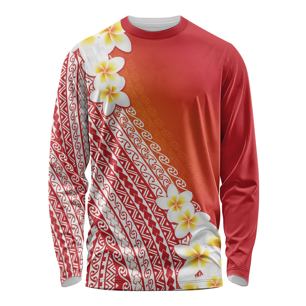 Tahiti Plumeria Tribal Pattern Long Sleeve Shirt Wave Style Red