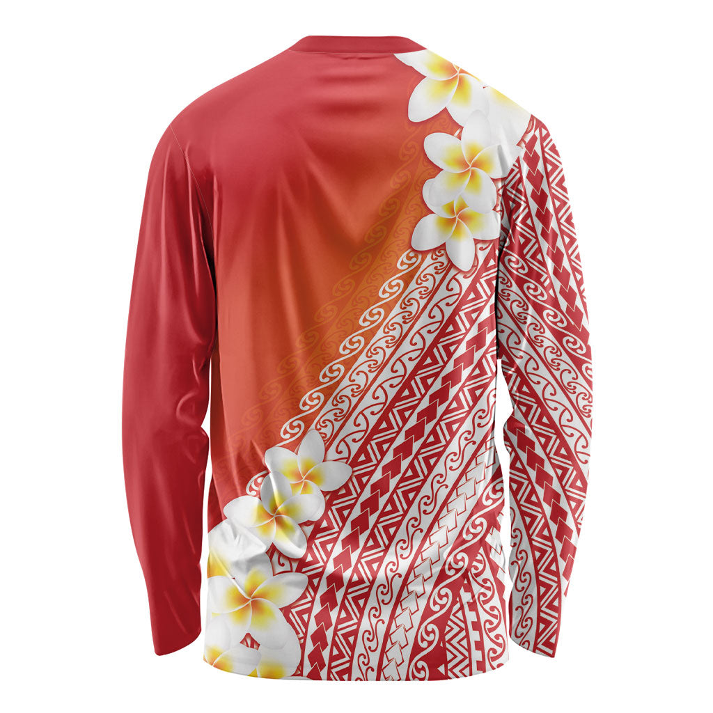 Tahiti Plumeria Tribal Pattern Long Sleeve Shirt Wave Style Red