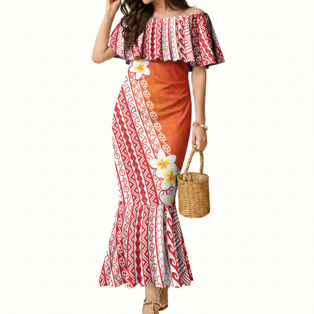 Tahiti Plumeria Tribal Pattern Mermaid Dress Wave Style Red