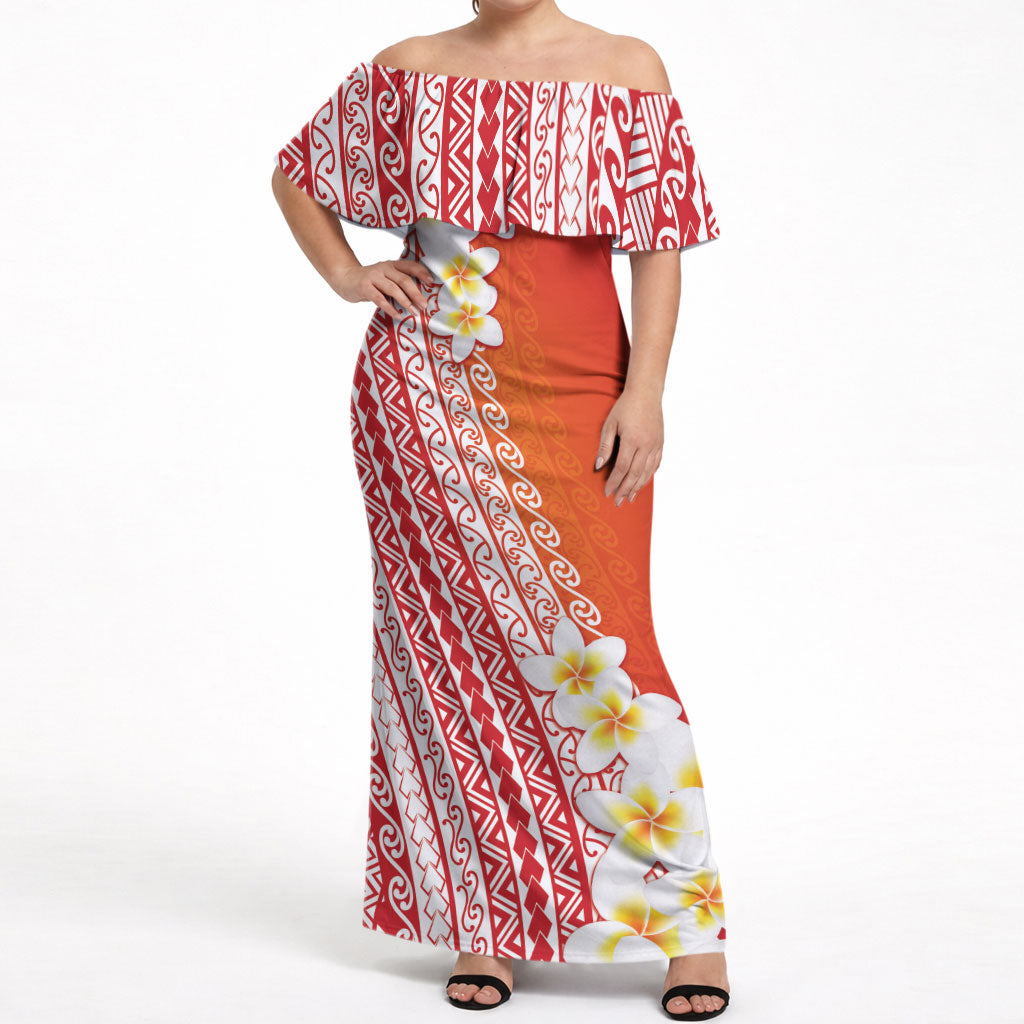 Tahiti Plumeria Tribal Pattern Off Shoulder Maxi Dress Wave Style Red