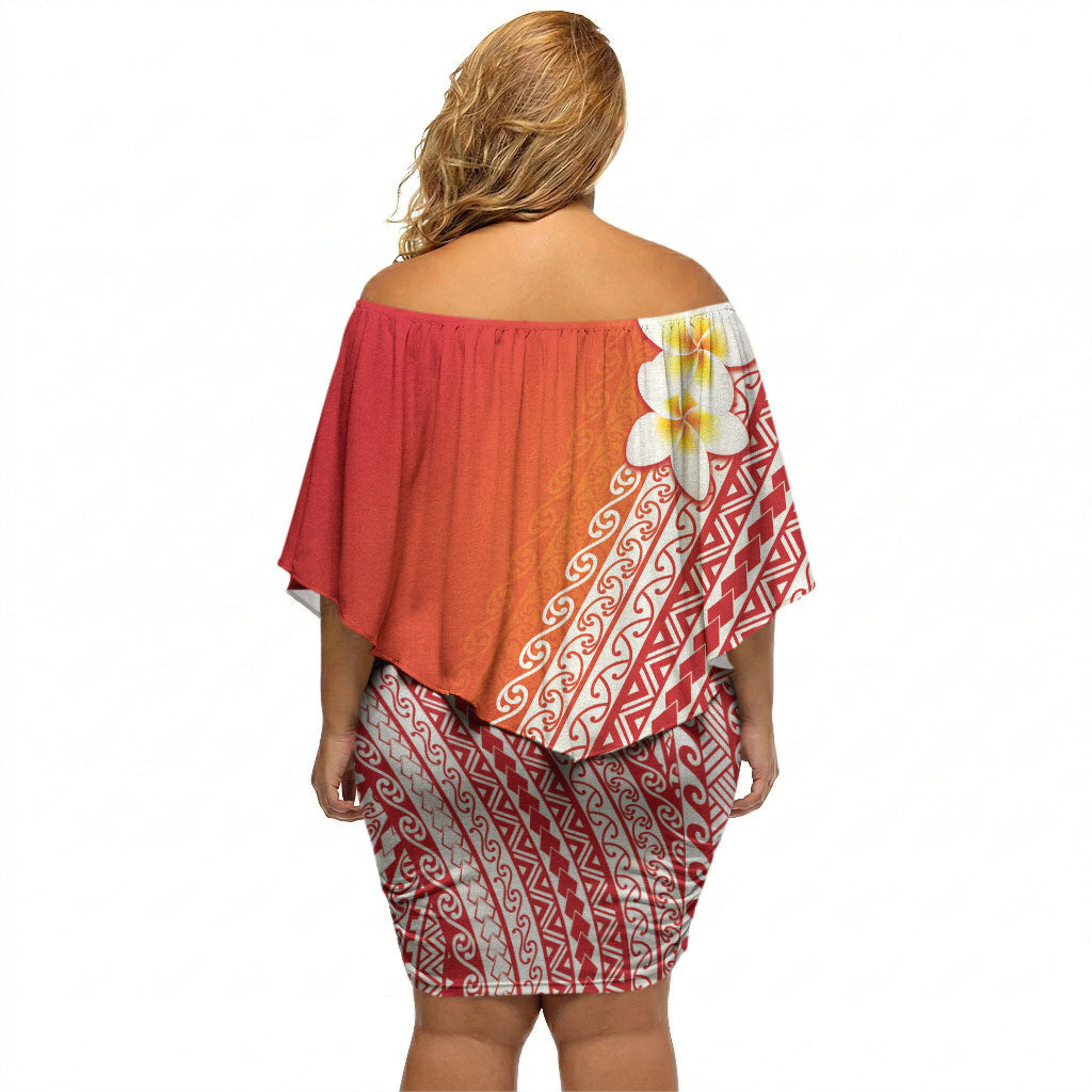 Tahiti Plumeria Tribal Pattern Off Shoulder Short Dress Wave Style Red