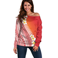 Tahiti Plumeria Tribal Pattern Off Shoulder Sweater Wave Style Red