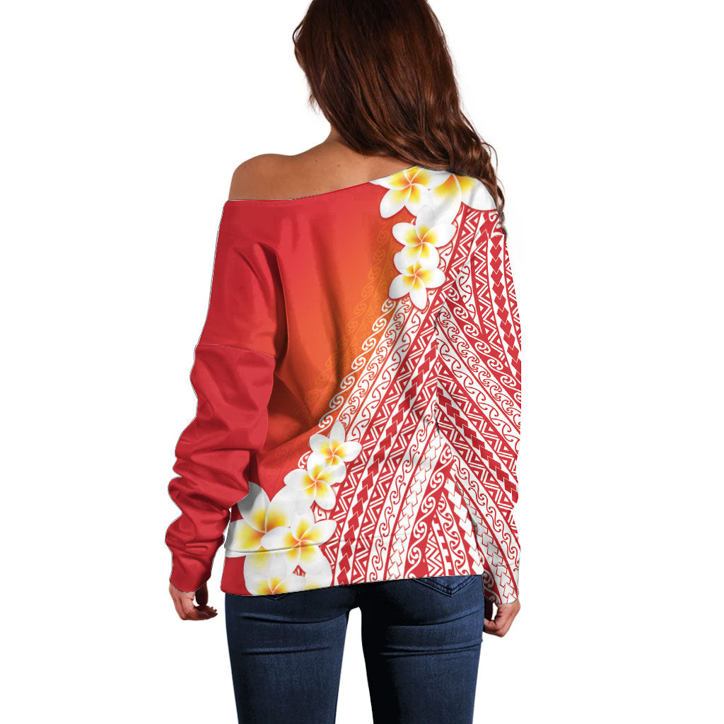 Tahiti Plumeria Tribal Pattern Off Shoulder Sweater Wave Style Red