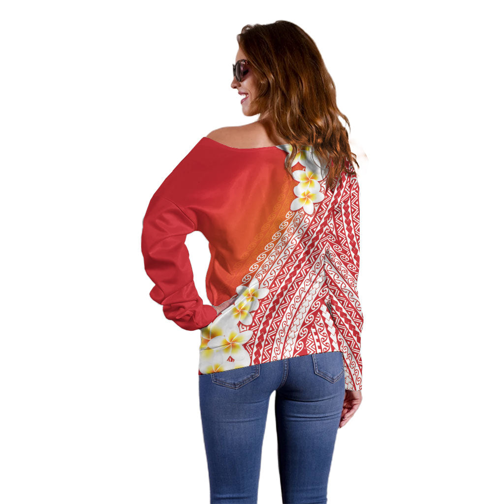Tahiti Plumeria Tribal Pattern Off Shoulder Sweater Wave Style Red
