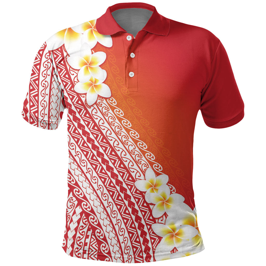 Tahiti Plumeria Tribal Pattern Polo Shirt Wave Style Red