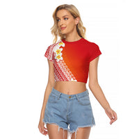 Tahiti Plumeria Tribal Pattern Raglan Cropped T Shirt Wave Style Red