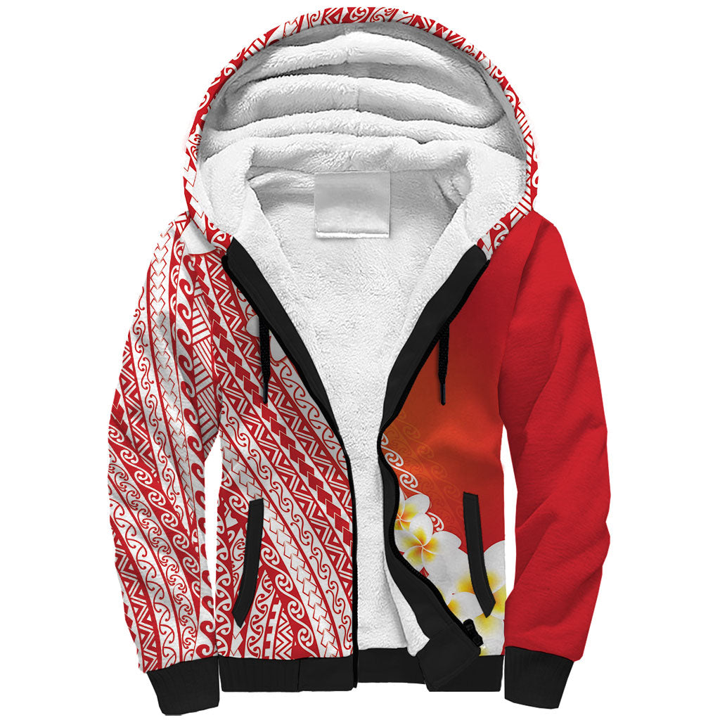 Tahiti Plumeria Tribal Pattern Sherpa Hoodie Wave Style Red