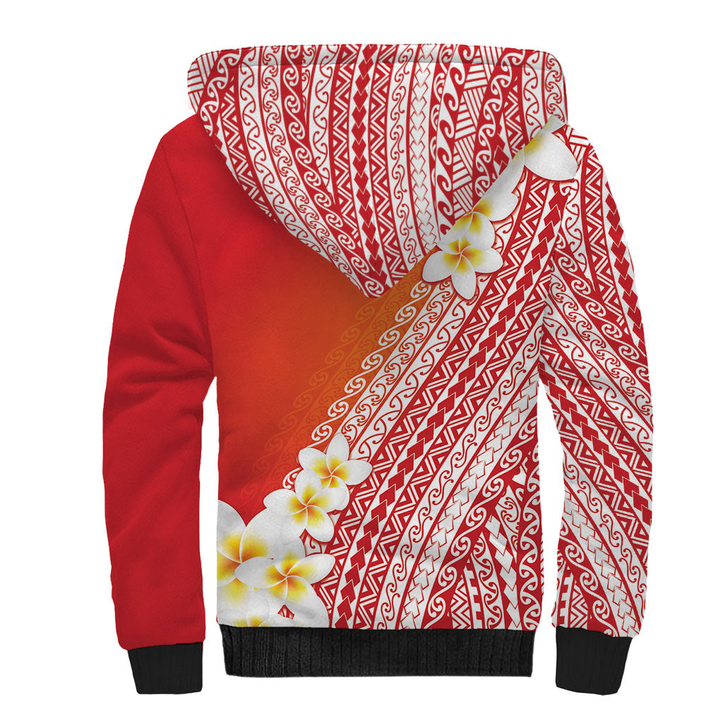 Tahiti Plumeria Tribal Pattern Sherpa Hoodie Wave Style Red