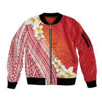 Tahiti Plumeria Tribal Pattern Sleeve Zip Bomber Jacket Wave Style Red
