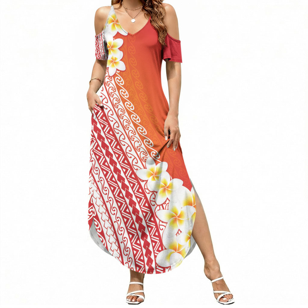 Tahiti Plumeria Tribal Pattern Summer Maxi Dress Wave Style Red