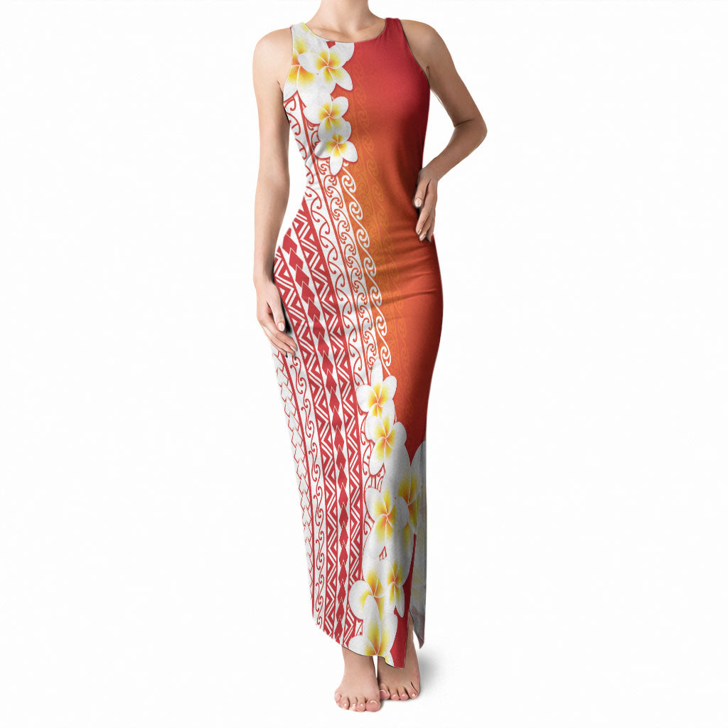 Tahiti Plumeria Tribal Pattern Tank Maxi Dress Wave Style Red