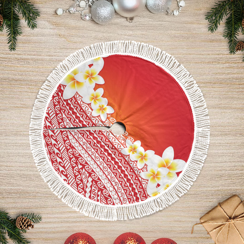 Tahiti Plumeria Tribal Pattern Tree Skirt Wave Style Red LT05 Fringed Red - Polynesian Pride