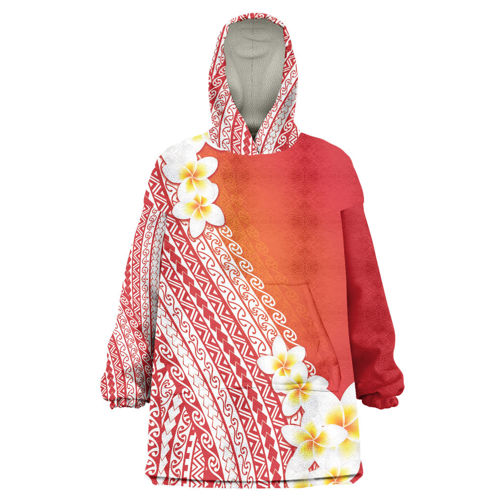 Tahiti Plumeria Tribal Pattern Wearable Blanket Hoodie Wave Style Red