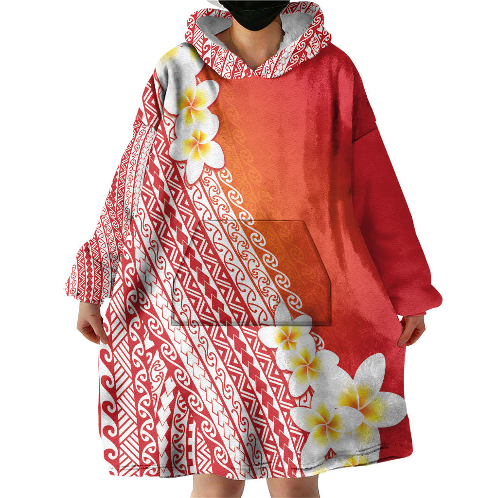 Tahiti Plumeria Tribal Pattern Wearable Blanket Hoodie Wave Style Red