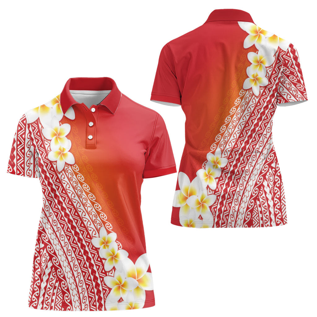 Tahiti Plumeria Tribal Pattern Women Polo Shirt Wave Style Red LT05 - Polynesian Pride