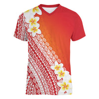 Tahiti Plumeria Tribal Pattern Women V-Neck T-Shirt Wave Style Red