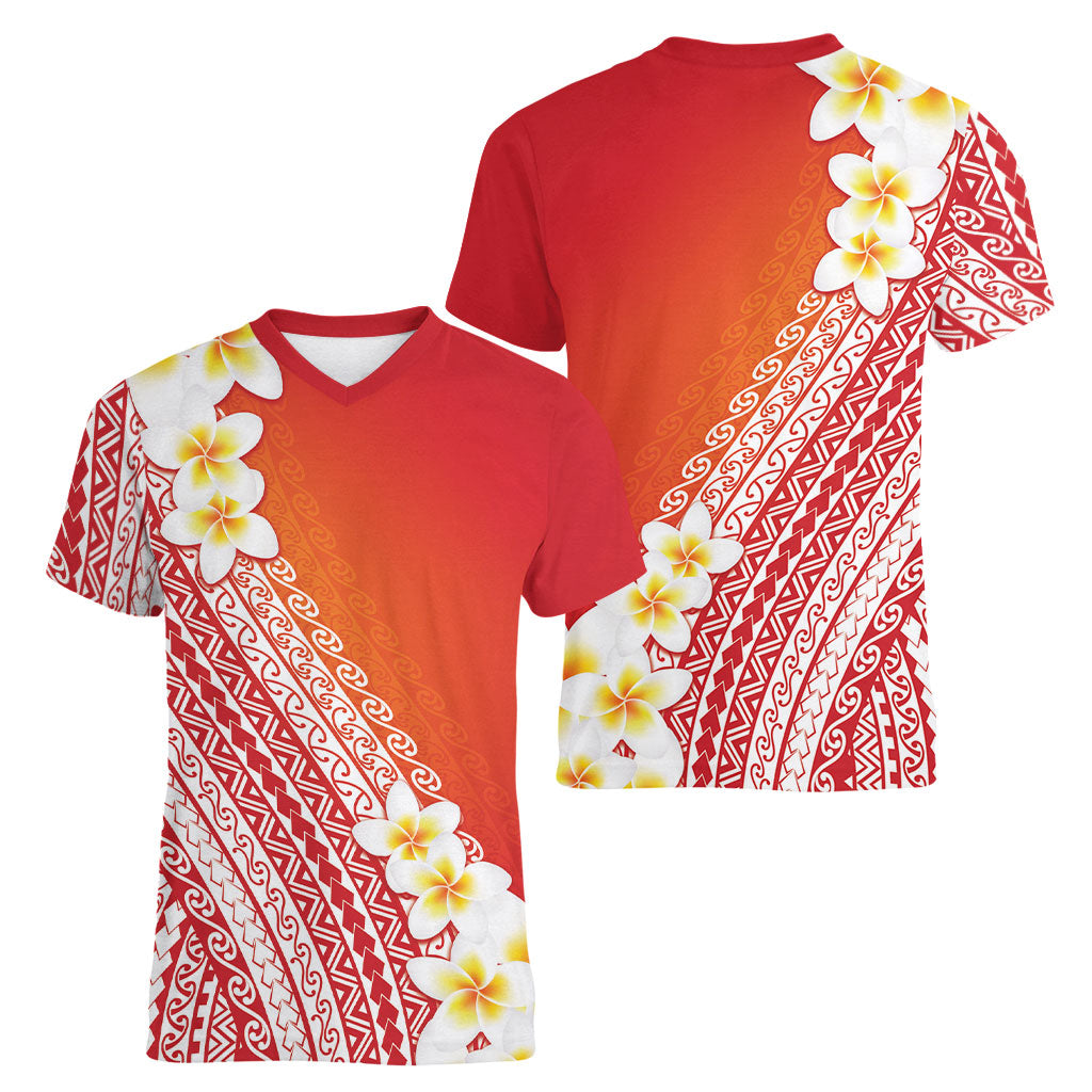 Tahiti Plumeria Tribal Pattern Women V-Neck T-Shirt Wave Style Red