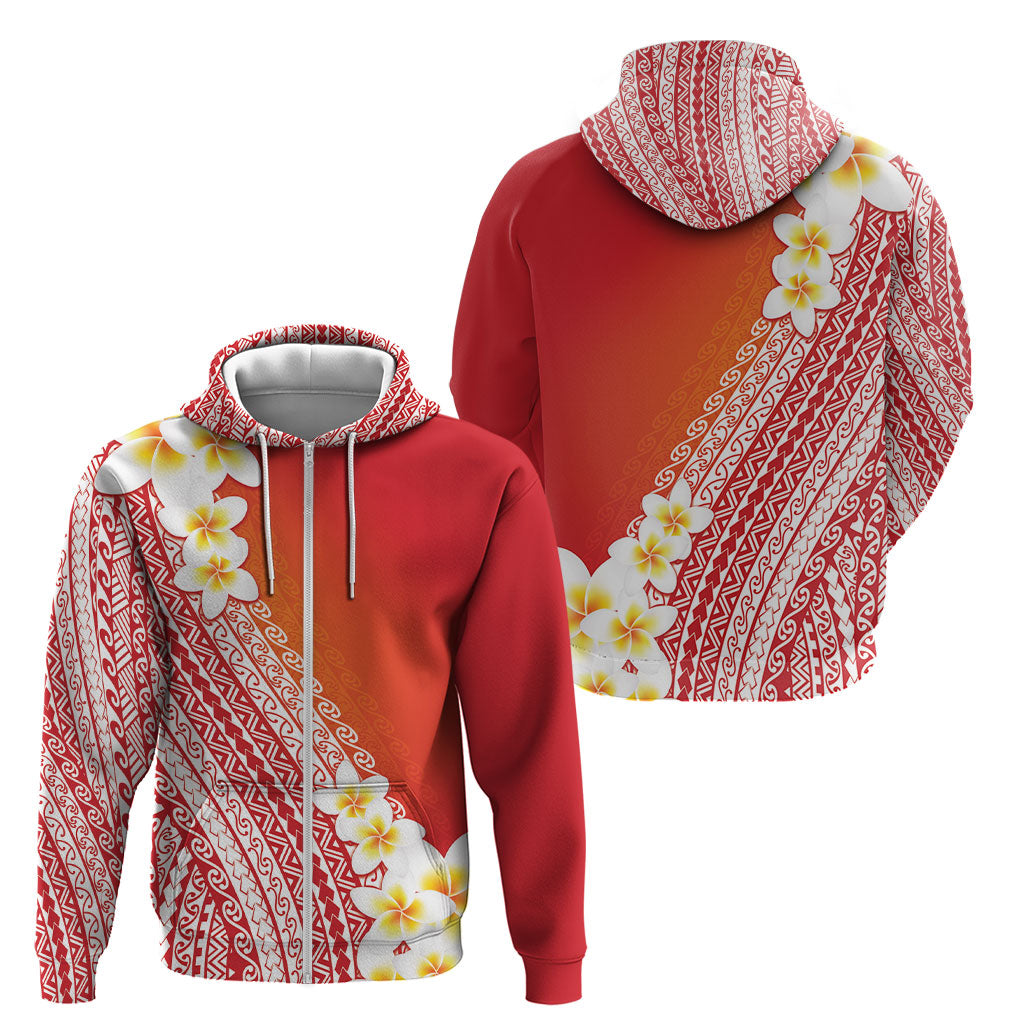 Tahiti Plumeria Tribal Pattern Zip Hoodie Wave Style Red