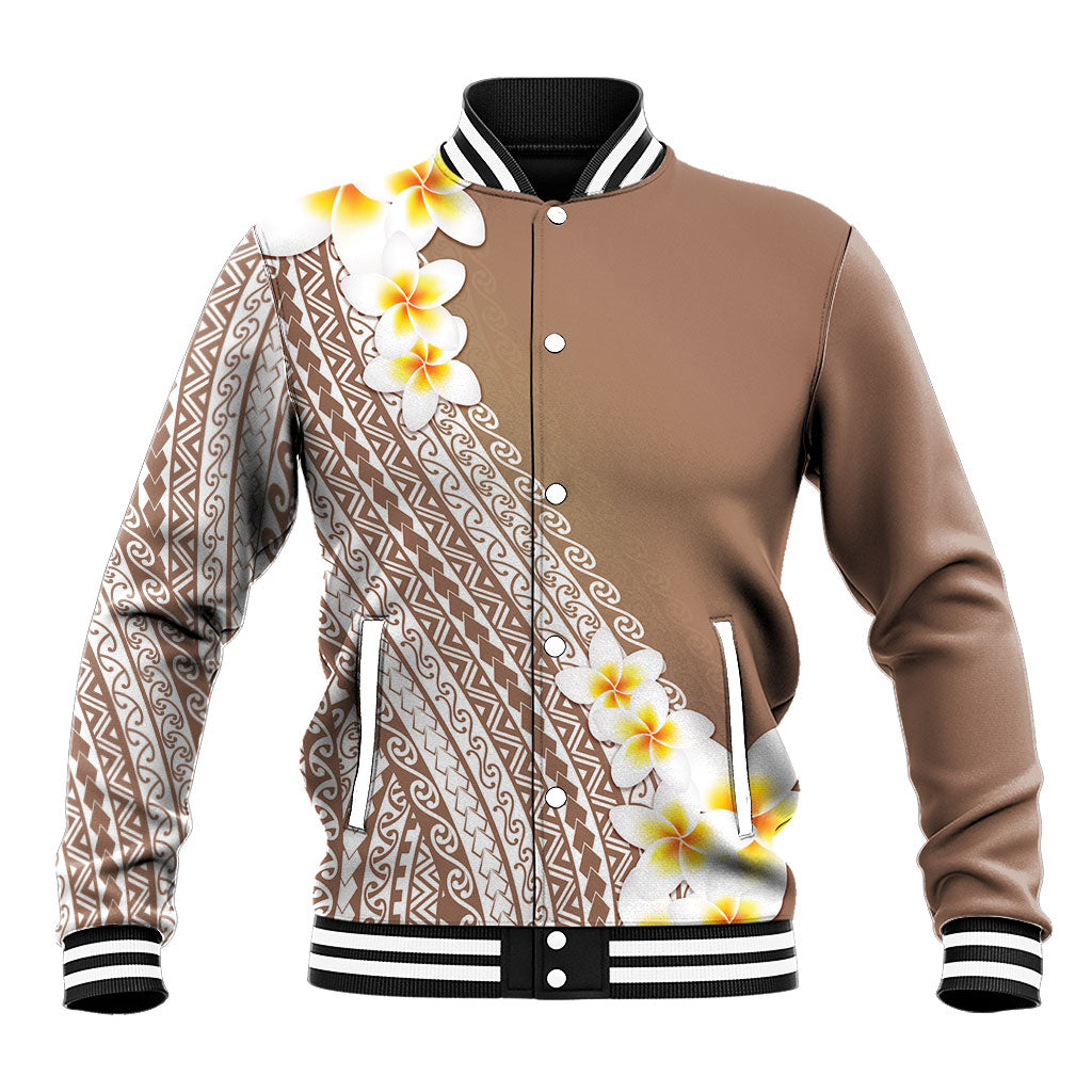 Tahiti Plumeria Tribal Pattern Baseball Jacket Wave Style Brown