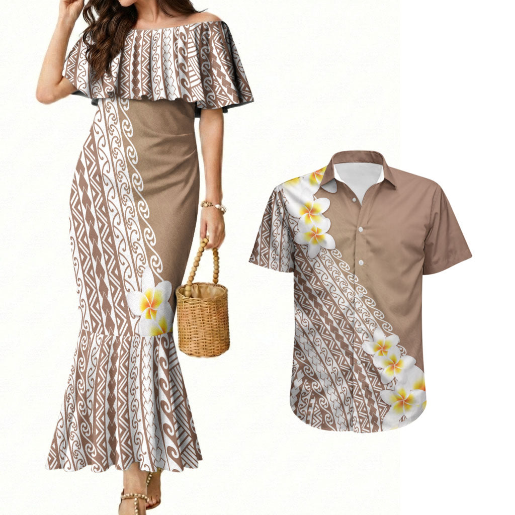 Tahiti Plumeria Tribal Pattern Couples Matching Mermaid Dress and Hawaiian Shirt Wave Style Brown LT05 Brown - Polynesian Pride