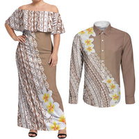 Tahiti Plumeria Tribal Pattern Couples Matching Off Shoulder Maxi Dress and Long Sleeve Button Shirt Wave Style Brown LT05 Brown - Polynesian Pride