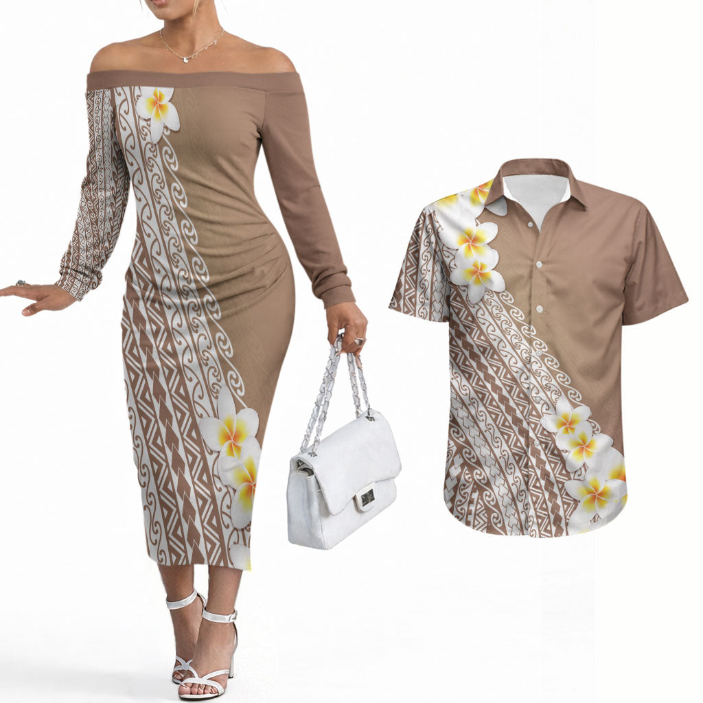Tahiti Plumeria Tribal Pattern Couples Matching Off The Shoulder Long Sleeve Dress and Hawaiian Shirt Wave Style Brown LT05 Brown - Polynesian Pride