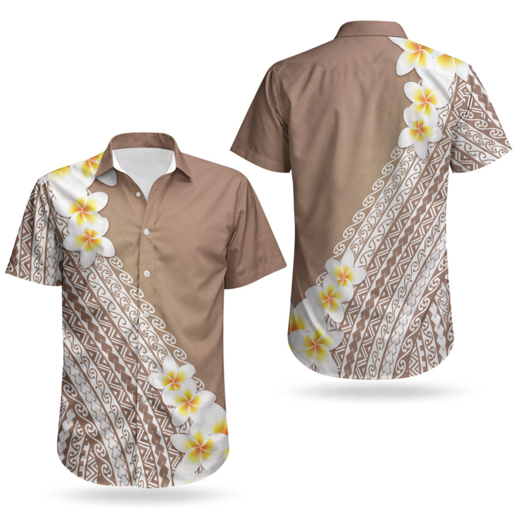 Tahiti Plumeria Tribal Pattern Couples Matching Off The Shoulder Long Sleeve Dress and Hawaiian Shirt Wave Style Brown LT05 - Polynesian Pride