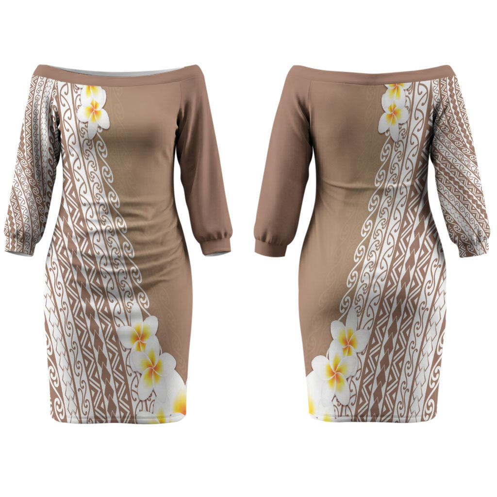 Tahiti Plumeria Tribal Pattern Couples Matching Off The Shoulder Long Sleeve Dress and Hawaiian Shirt Wave Style Brown LT05 - Polynesian Pride