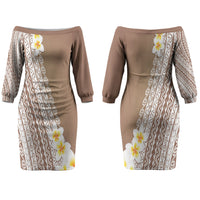 Tahiti Plumeria Tribal Pattern Couples Matching Off The Shoulder Long Sleeve Dress and Hawaiian Shirt Wave Style Brown LT05 - Polynesian Pride