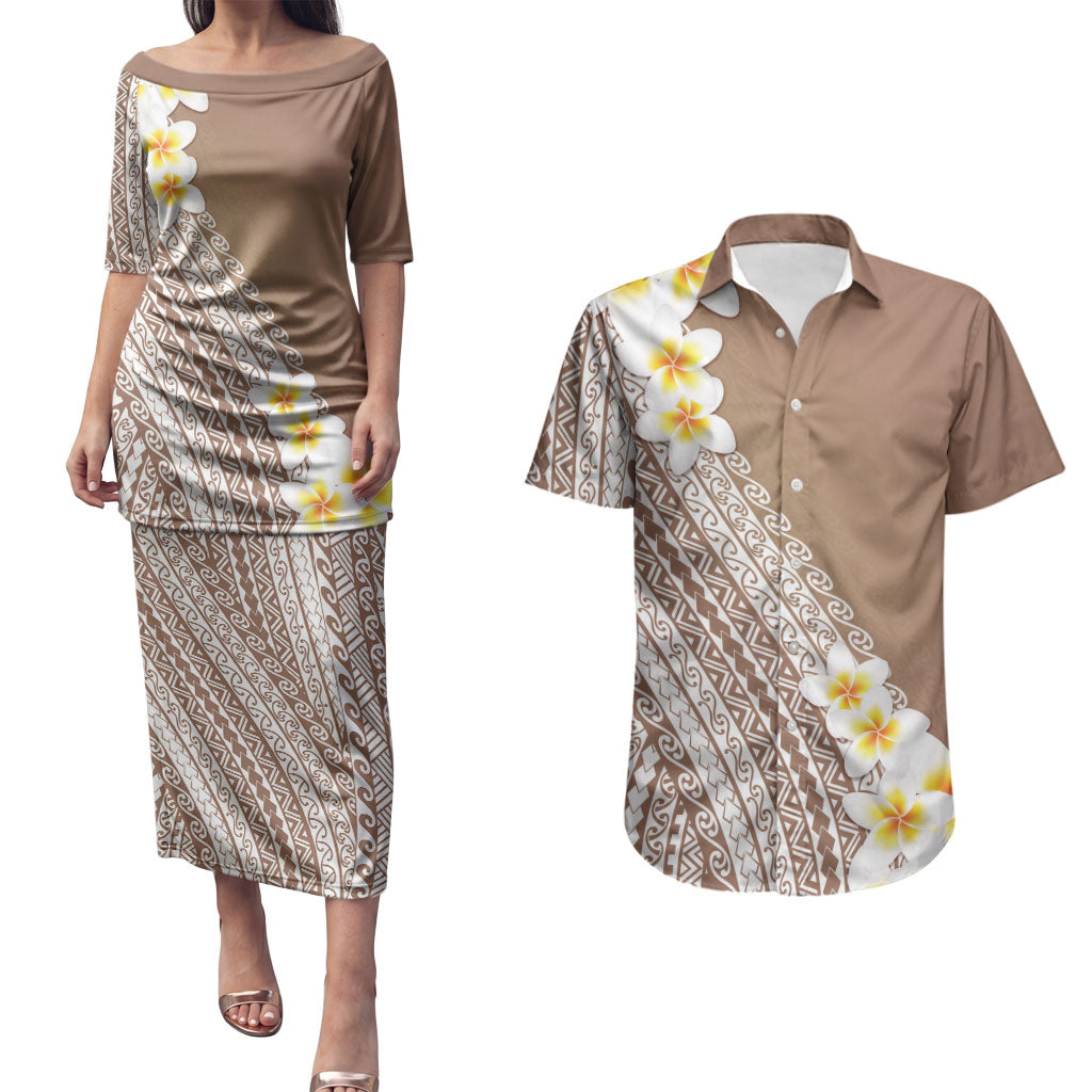Tahiti Plumeria Tribal Pattern Couples Matching Puletasi and Hawaiian Shirt Wave Style Brown LT05 Brown - Polynesian Pride