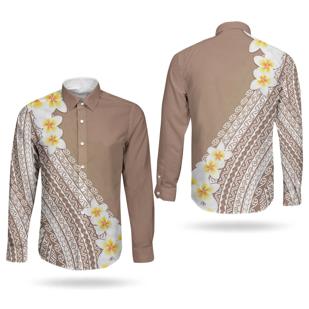 Tahiti Plumeria Tribal Pattern Couples Matching Tank Maxi Dress and Long Sleeve Button Shirt Wave Style Brown LT05 - Polynesian Pride