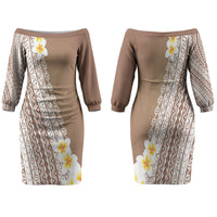 Tahiti Plumeria Tribal Pattern Family Matching Off The Shoulder Long Sleeve Dress and Hawaiian Shirt Wave Style Brown LT05 Mom's Dress Brown - Polynesian Pride