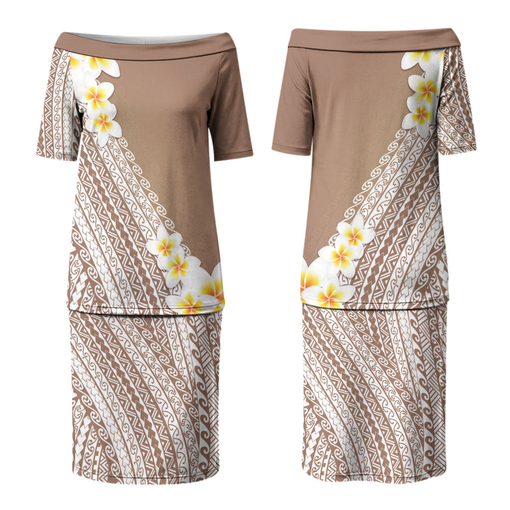 Tahiti Plumeria Tribal Pattern Family Matching Puletasi and Hawaiian Shirt Wave Style Brown LT05 Mom's Dress Brown - Polynesian Pride