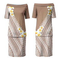 Tahiti Plumeria Tribal Pattern Family Matching Puletasi and Hawaiian Shirt Wave Style Brown LT05 Mom's Dress Brown - Polynesian Pride