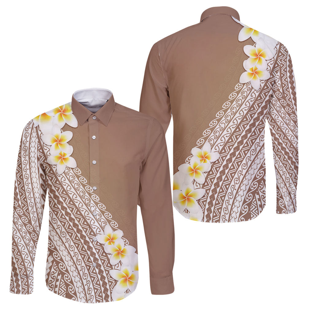 Tahiti Plumeria Tribal Pattern Family Matching Puletasi and Hawaiian Shirt Wave Style Brown LT05 Dad's Shirt - Long Sleeve Brown - Polynesian Pride