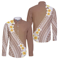 Tahiti Plumeria Tribal Pattern Family Matching Puletasi and Hawaiian Shirt Wave Style Brown LT05 Dad's Shirt - Long Sleeve Brown - Polynesian Pride
