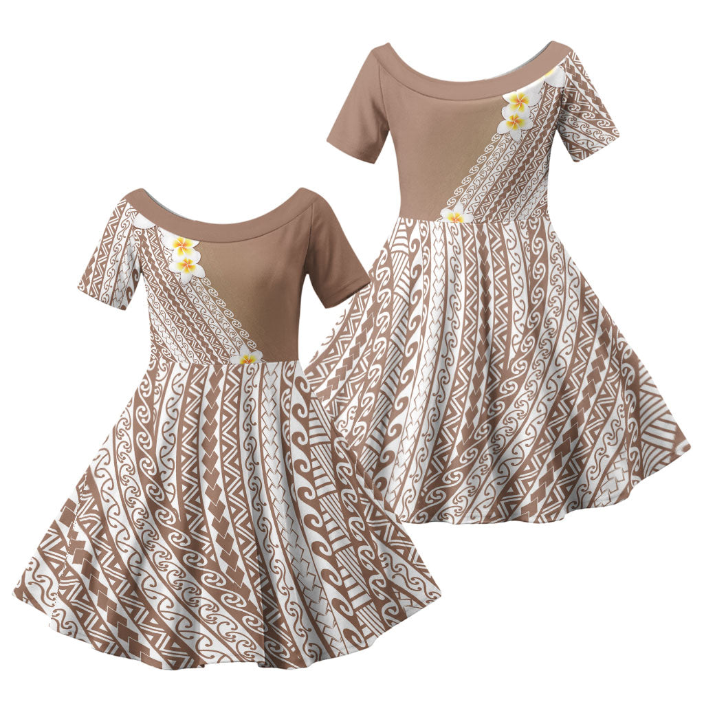 Tahiti Plumeria Tribal Pattern Family Matching Puletasi and Hawaiian Shirt Wave Style Brown LT05 Daughter's Dress Brown - Polynesian Pride