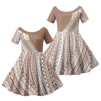 Tahiti Plumeria Tribal Pattern Family Matching Puletasi and Hawaiian Shirt Wave Style Brown LT05 Daughter's Dress Brown - Polynesian Pride