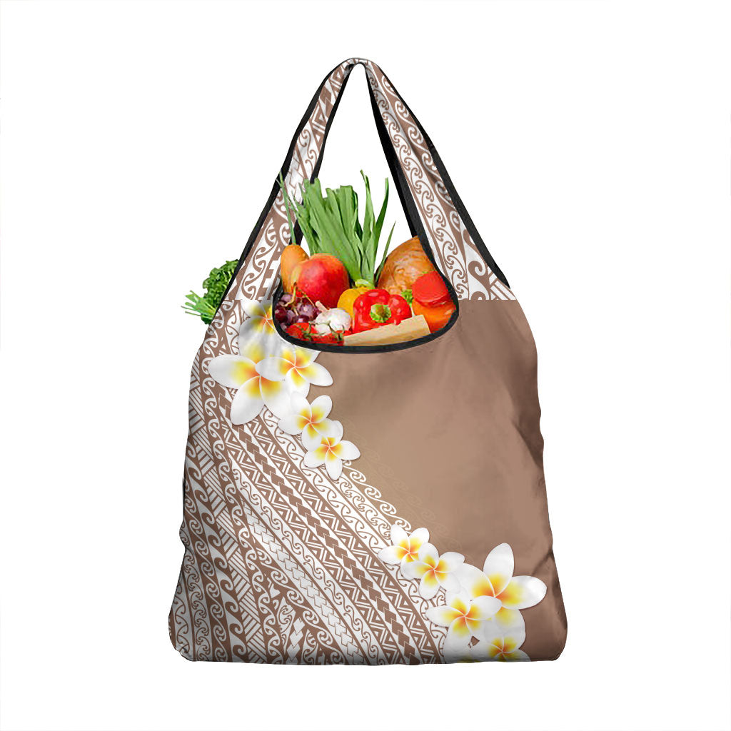 Tahiti Plumeria Tribal Pattern Grocery Bag Wave Style Brown